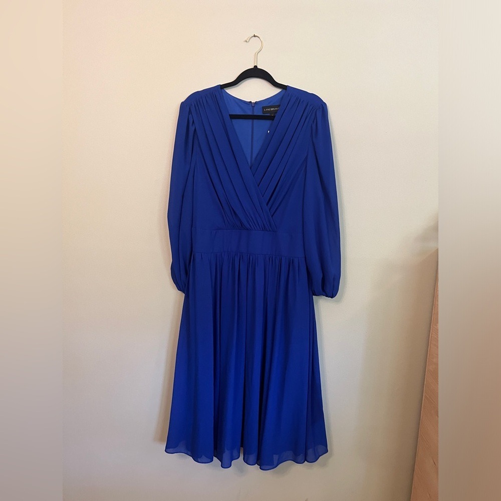 Lane Bryant Long Sleeve Dress Royal Blue Formal V-neck Bow NWT